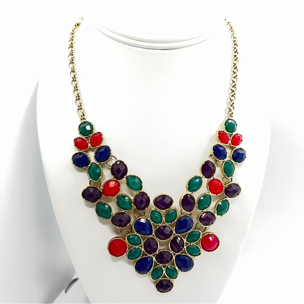 Vtg V Style Necklace Multi Color Teardrop Oval Cabochons Bib Length Statement